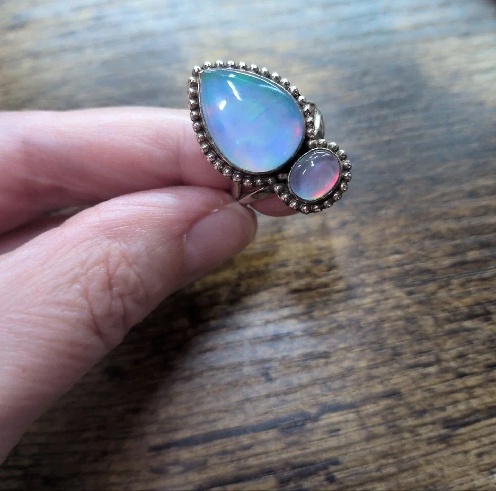 Sterling Teardrop Opal Double Stone Ring - Iridescent Blue-Pink